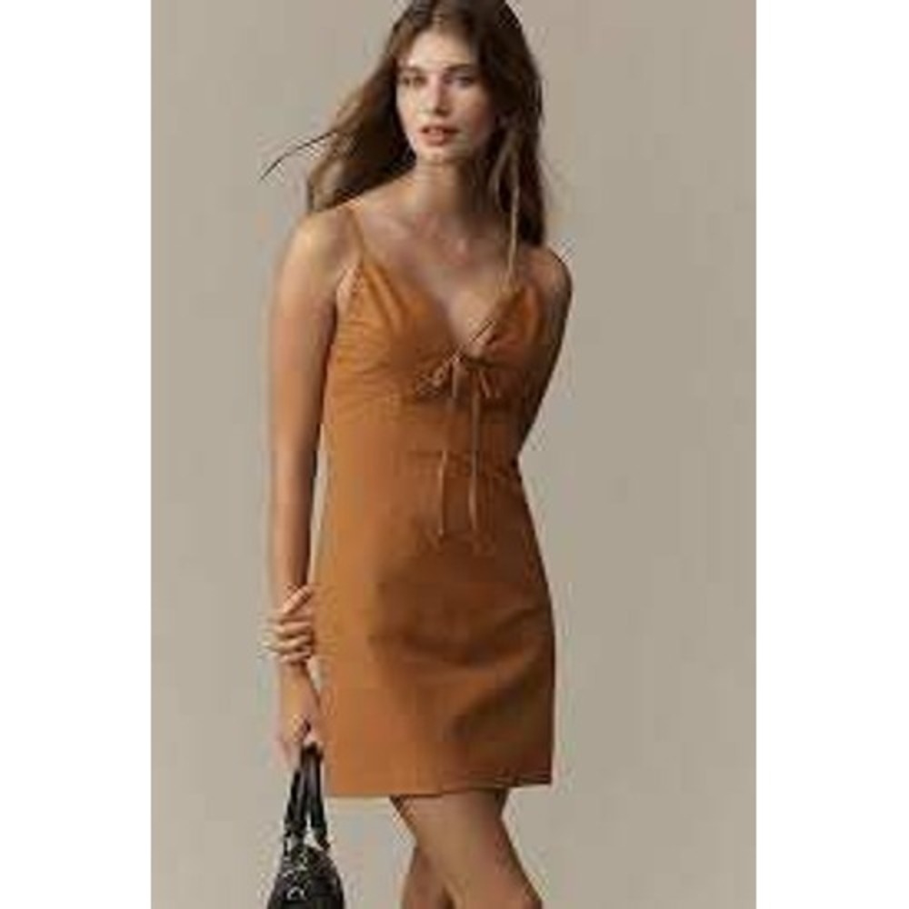 Anthropologie NEW Tan Linen Tie Front Smocked Mini Dress 2X Boho Coastal Curvy - Picture 3 of 9